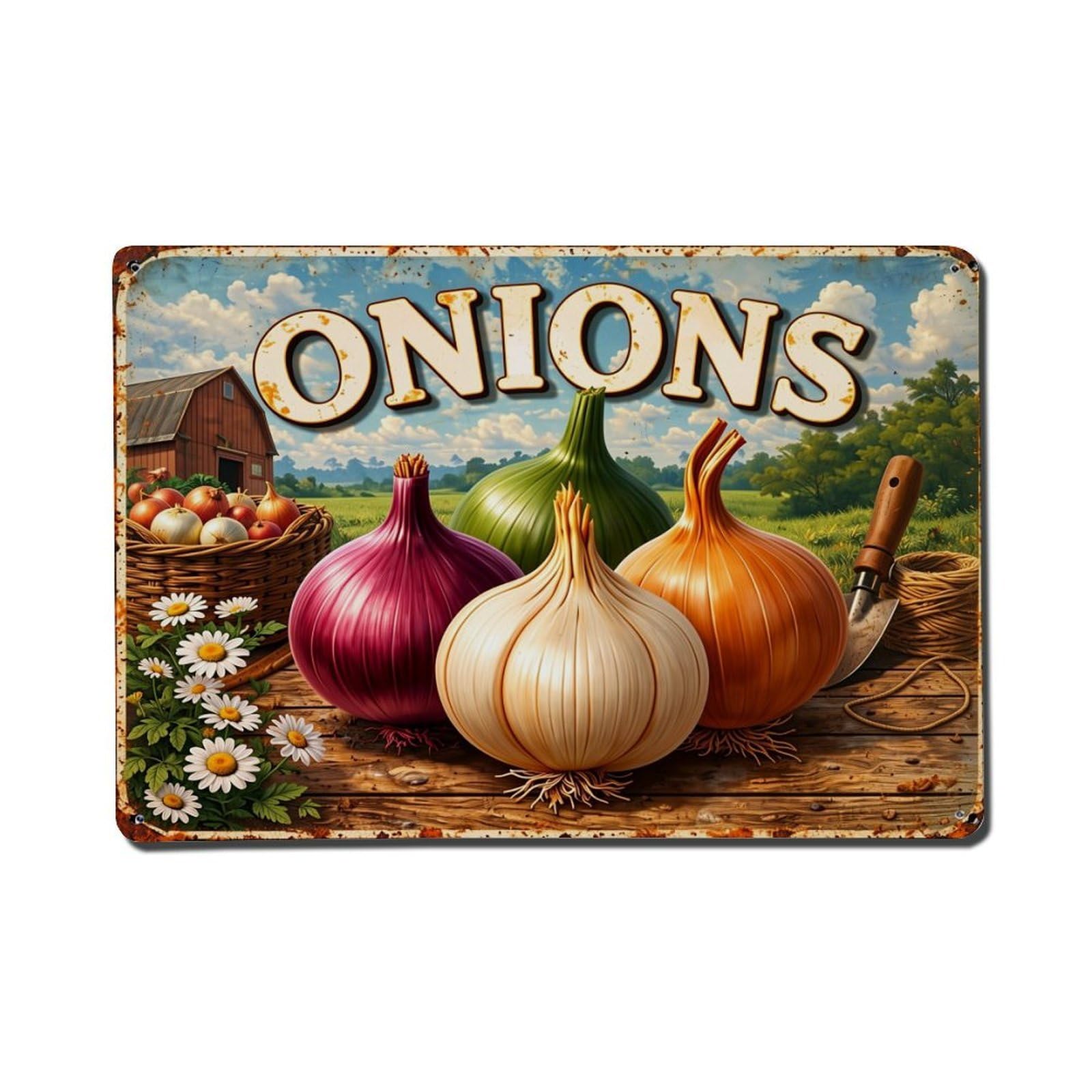 Onions Farm Rustic Harvest Scene Tin Sign Metal Poster Vintage Metal Signs for Home Man Cave Bar Cafe Kitchen laundry room Wall Decorations Gift 8x12Inch