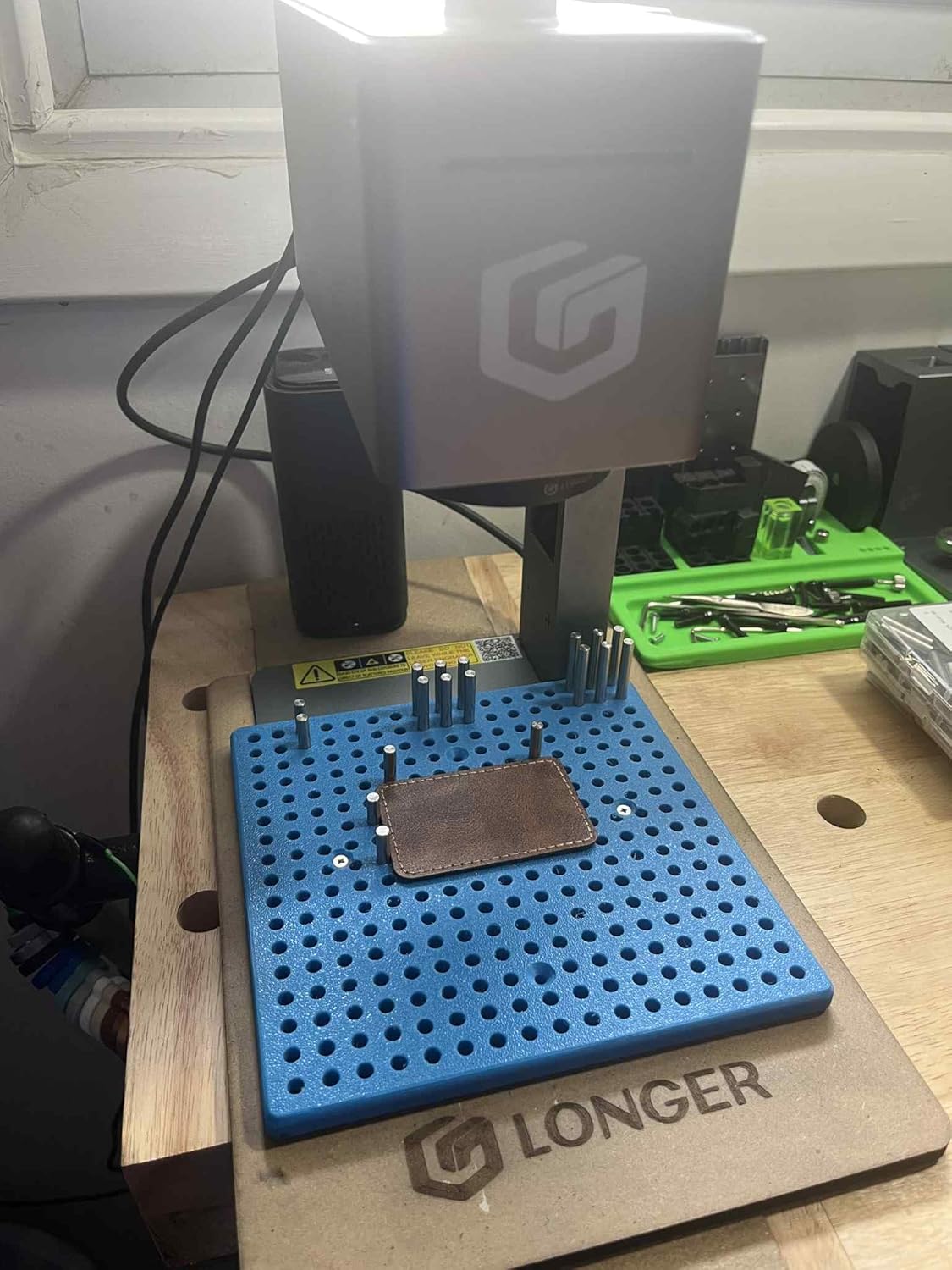 Dowel jig for Longer Nano Laser Engraver, Easy, Repeatable Alignment for Multiple Products, shaps, and Sizes (Blue)
