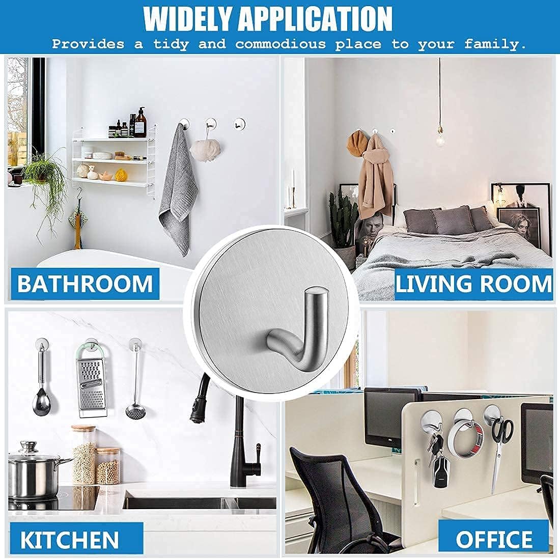 Heavy Duty Self Adhesive Hooks 8 Pack Bathroom Towel Hook Without Nails Metal Sticky Hooks for Hanging Coat Clothes Shower Hat, Stick on Wall Closet Kitchen Hooks, Durable, Stainless Steel