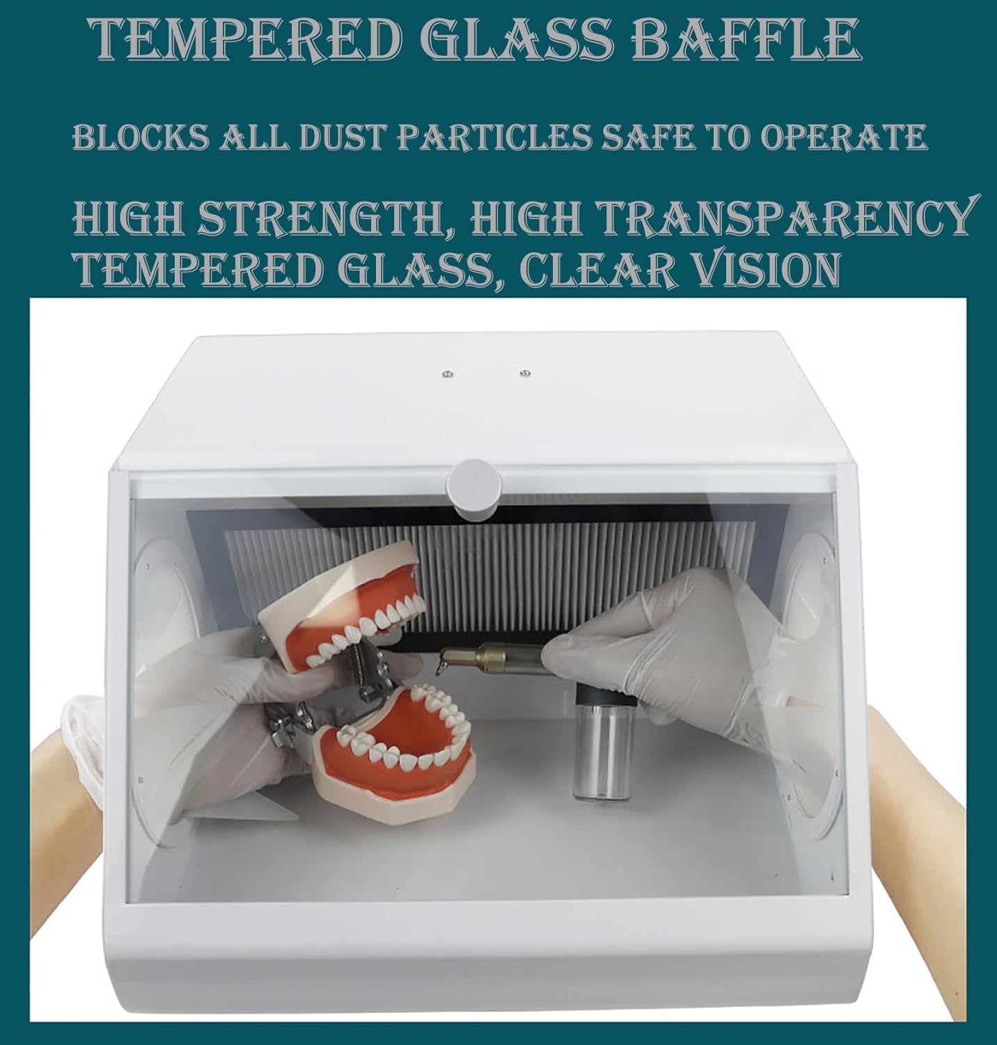 LED Sandblasting & Dust-Proof Box for Dental Grinding, Polishing, Cutting, Engraving, Drilling - High-Transparency Tempered Glass, Built-in Filter