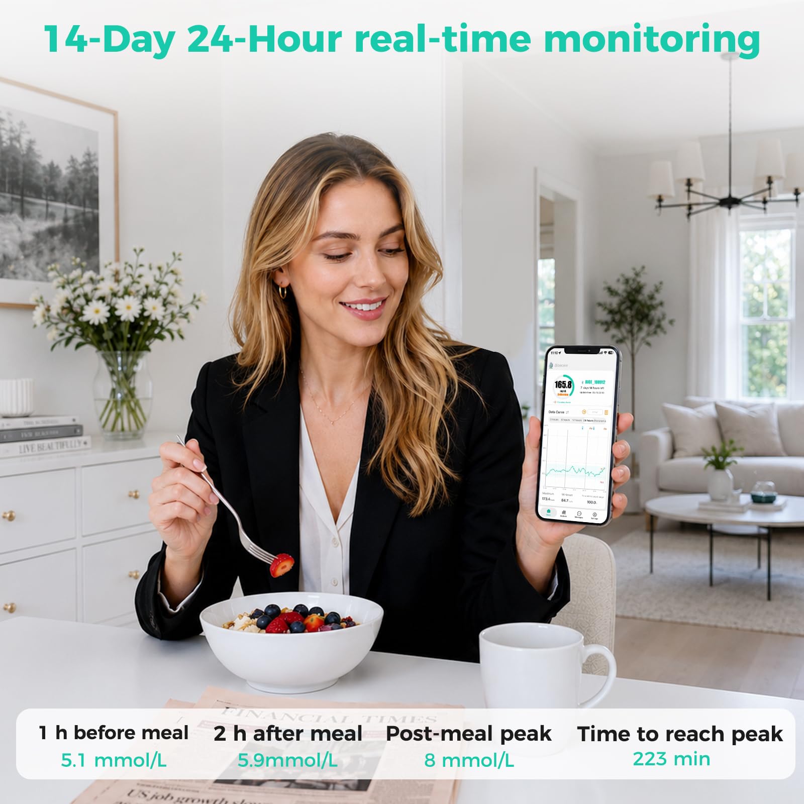 Moniteur de glucose sans piqûre au doigt, moniteur de glycémie portable, surveillance continue du glucose, kit de test de glycémie compatible iOS et Android