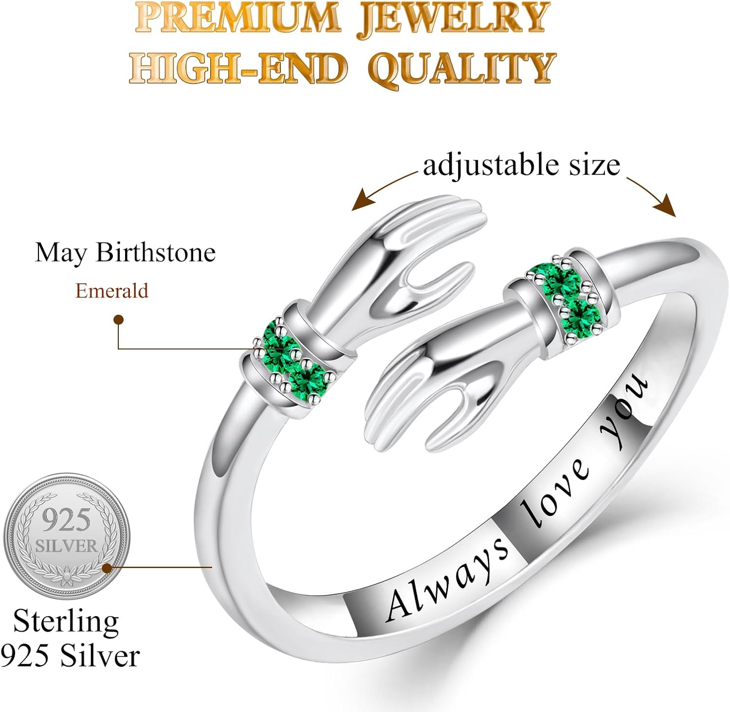 Adjustable Hug Ring for Women 925 Sterling Silver Fine Jewelry Gift for Her, Birthstone Ring - Image 5