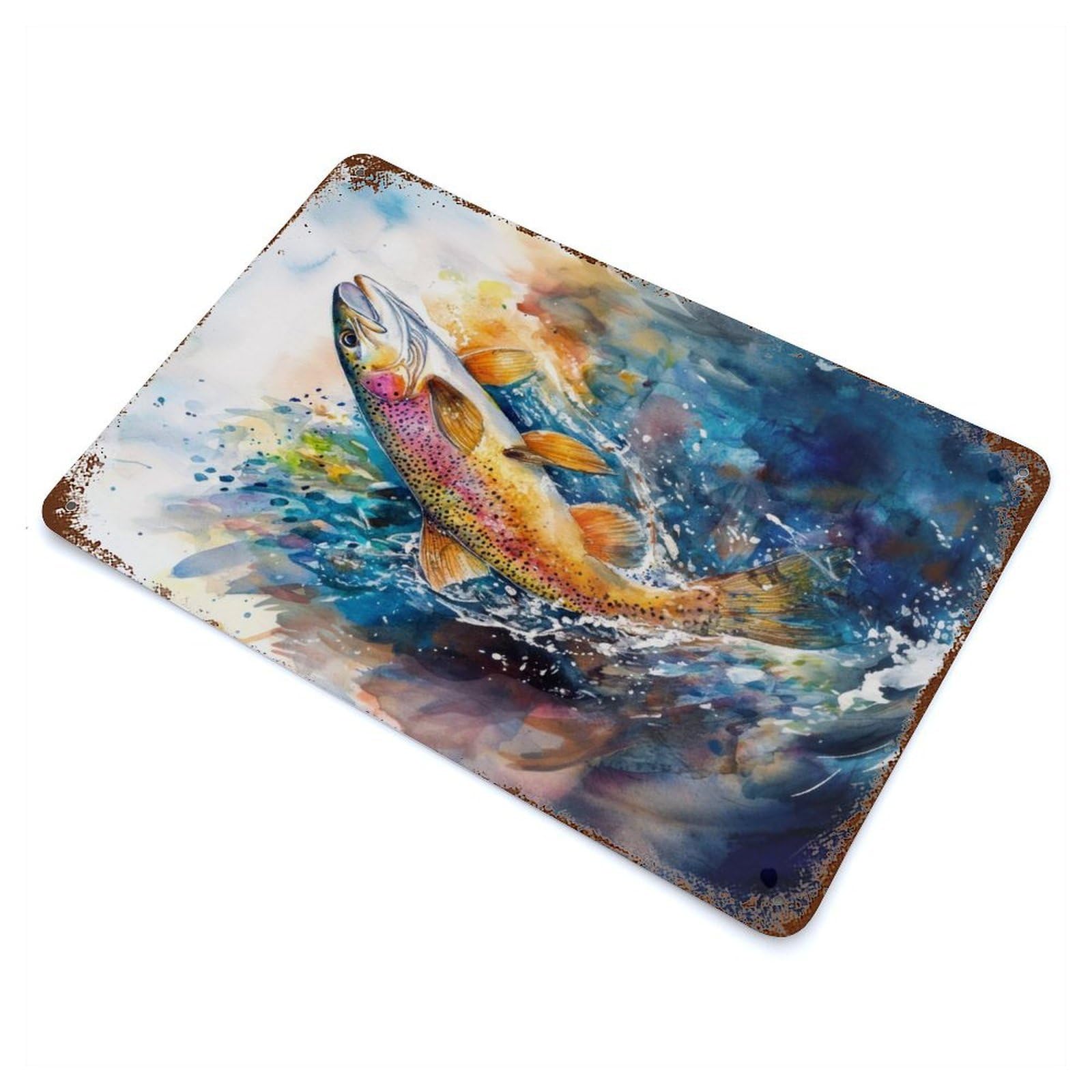 Distressed Metal Wall Sign Watercolor Trout Splash 11.8"x7.9", Vintage Wall Decor for Garage, Bar And Workshop Decor