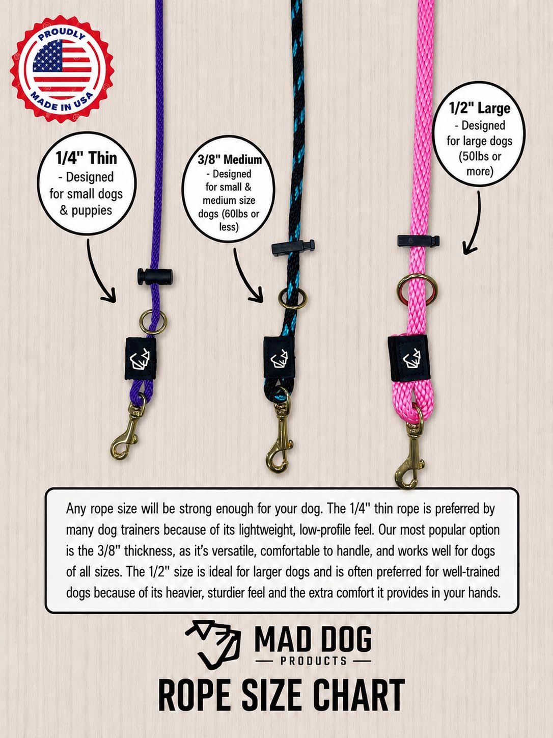 Correa de perro de doble propósito de 0.5 pulgadas x 6 pies, cuerda distintiva roja/blanco/azul, fabricada en Estados Unidos por Mad Dog Products