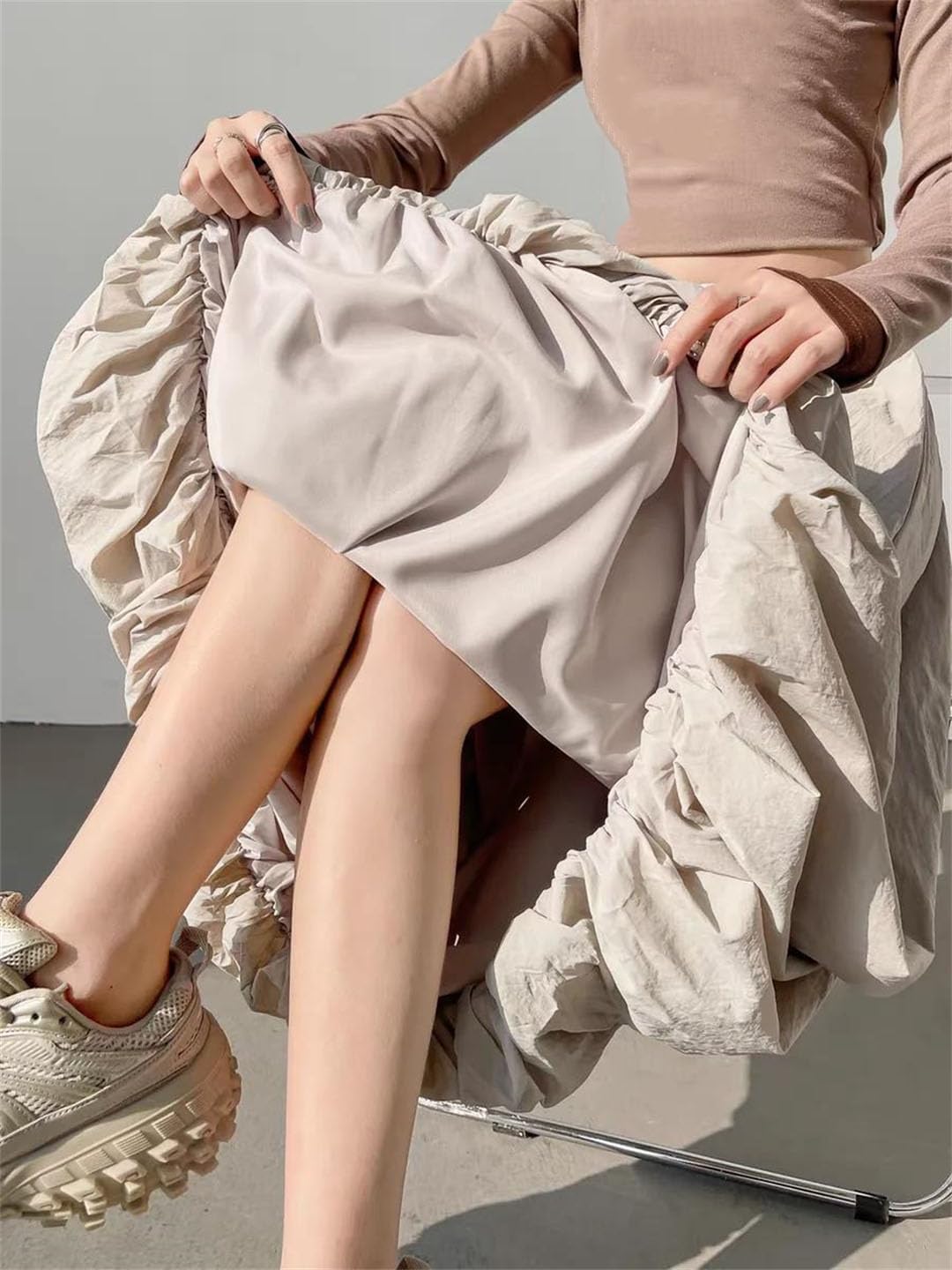 Women's High Waist A-Line Midi Skirt Featuring A Puffy Hemline and Folded Detail for A Unique Blooming Silhouette