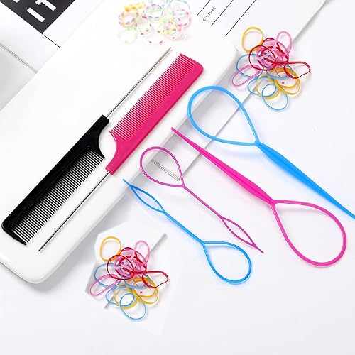 Miniatura 2 de Juego de 6 herramientas de bucle para el cabello con 4 herramientas para la cola del cabello, lazo de herramienta de trenza francesa, 2 pines de
