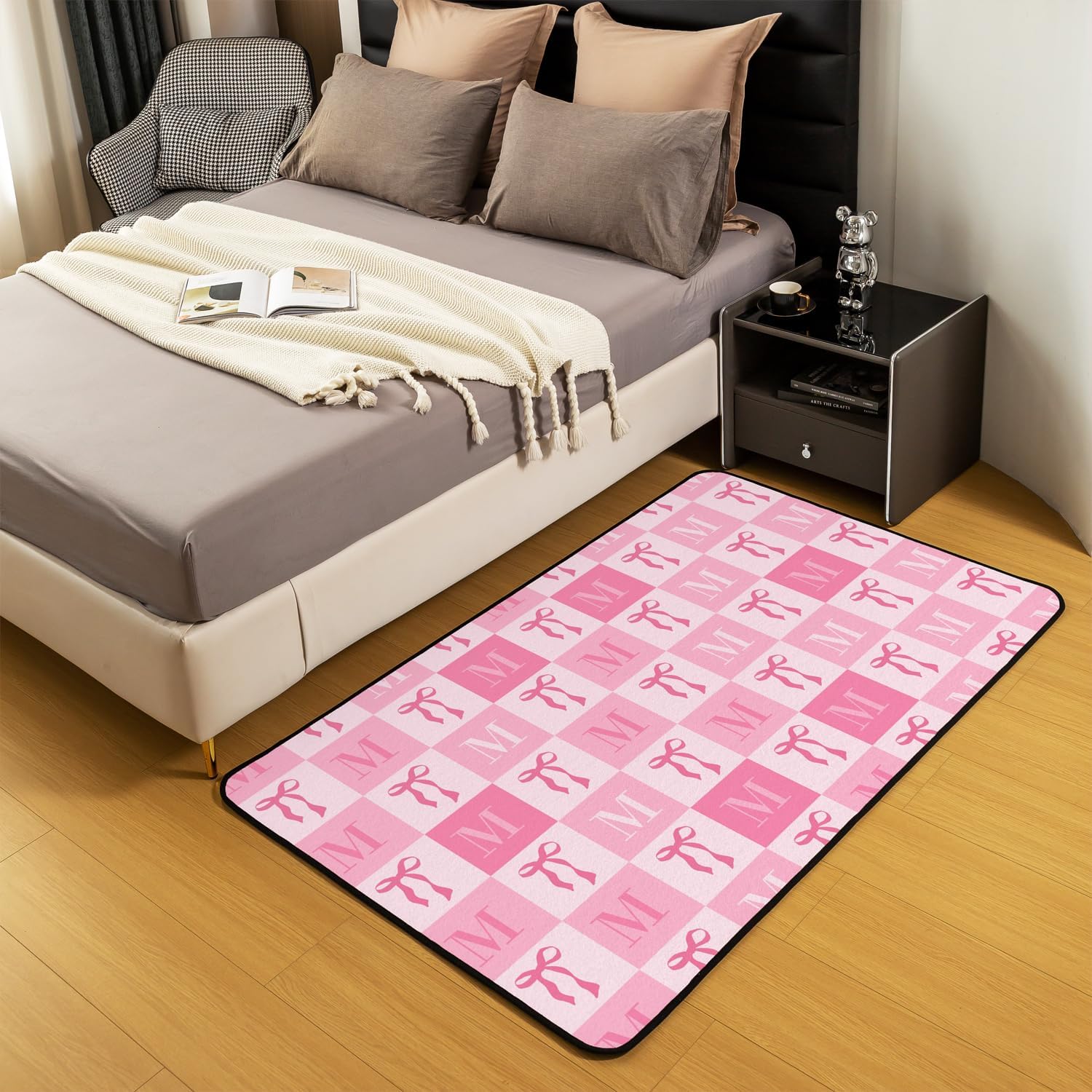 jejeloiu Cute Pink Bow Area Rug 5x7 Polyester Initial Letter M Living Room Rugs for Bedroom Kawaii Bowknot Plaid Decor Carpet Monogrammed Indoor Floor Mat Grid Soft Non-Slip