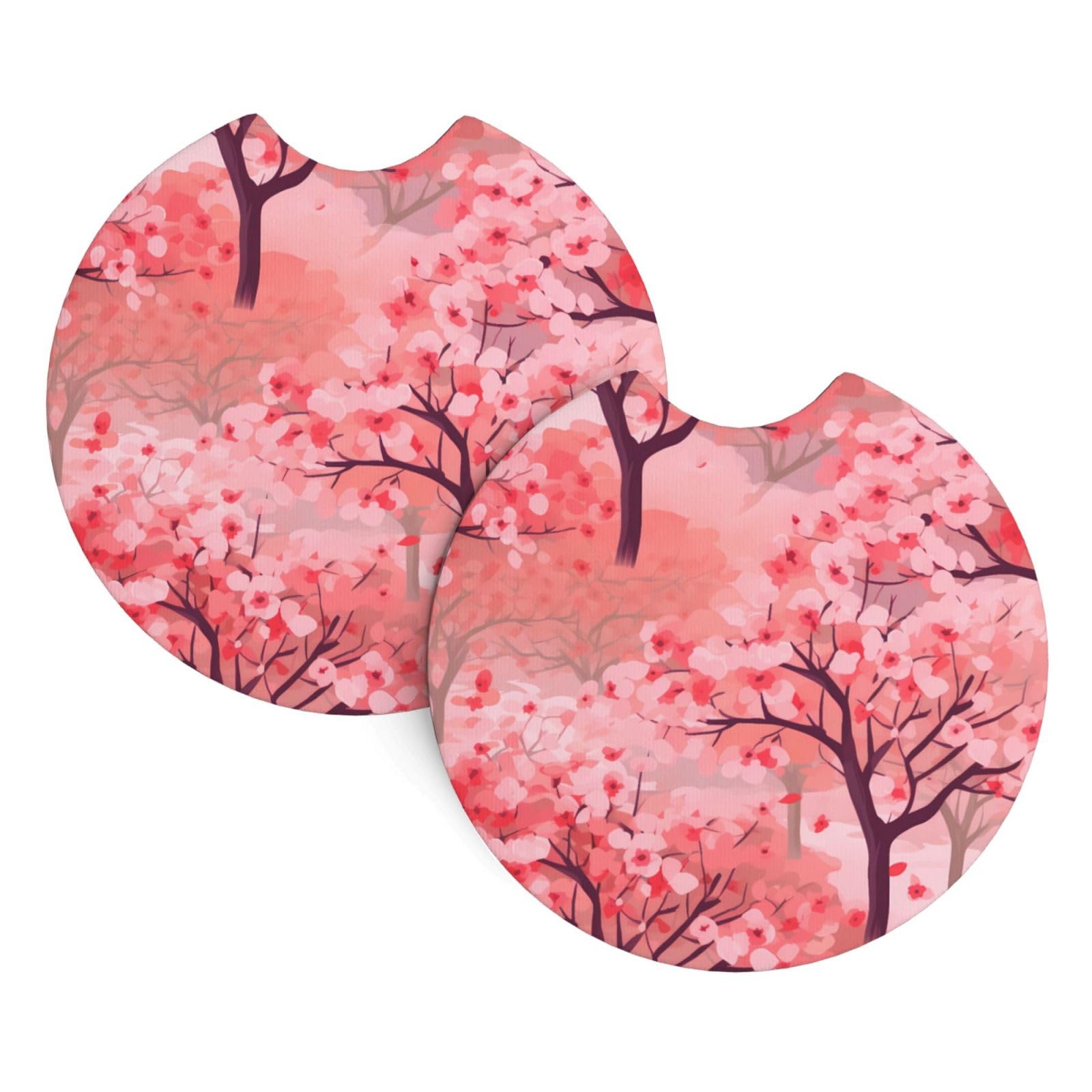HJFCZH Cherry Blossoms Trees Printed Car Coaster Set of 2 - Waterproof Rubber Cup Holder Protectors for Cars, Trucks & SUVs
