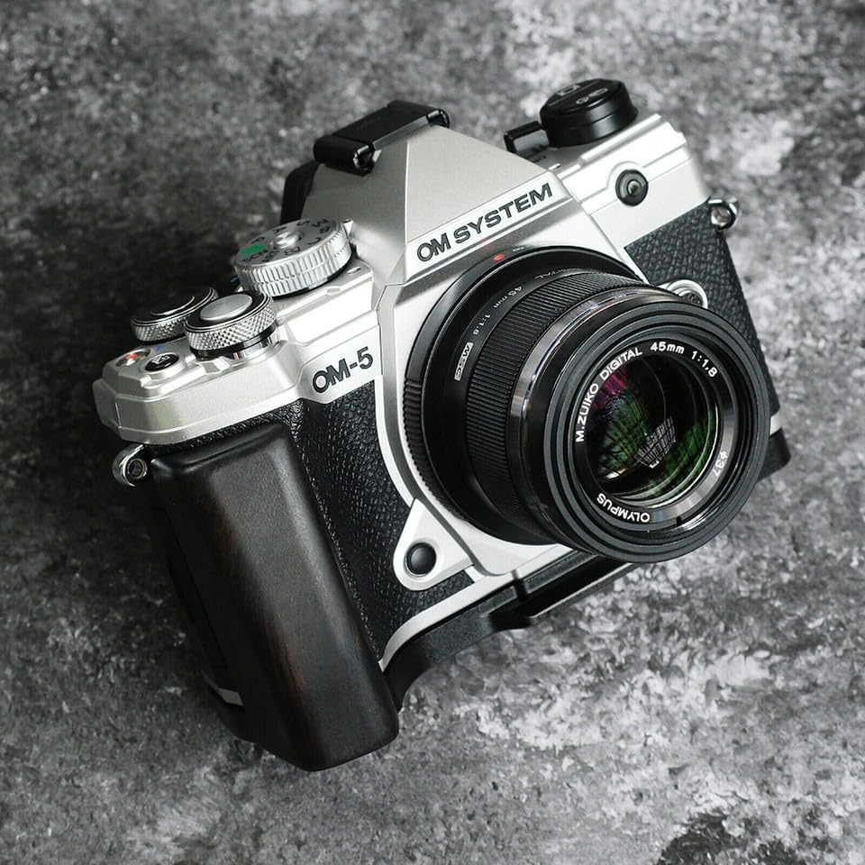 Wood L Hand Grip + Aluminum Alloy Baseplate Fit for Olympus OM-5 Mirrorless Camera