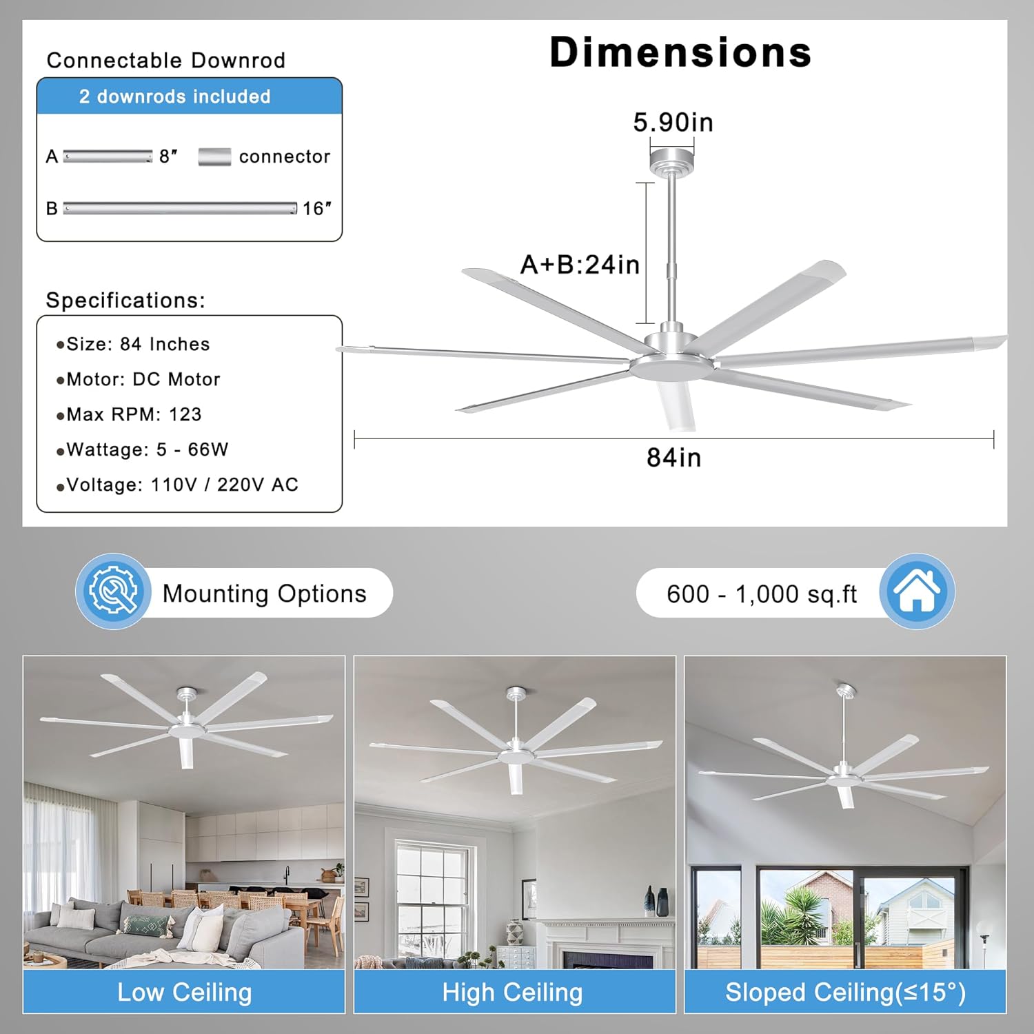 Ohniyou 84'' Ceiling Fan No Light, Silver Industrial Ceiling Fan with Remote/APP, Aluminum Blades, 11000 CFM DC Motor for Gym, Warehouse, Garage, Patios