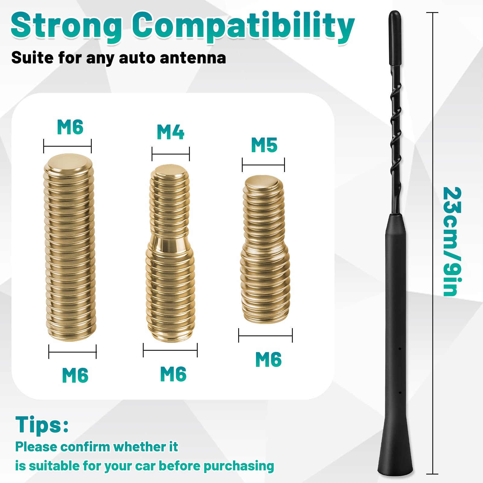 Car Aerial, Universal Antenna Replacement, AM/FM/DAB Roof Car Radio dab Aerial Mast, Radio Car Signal Booster Rod Car Antenna for Vehicles, Screws M4 M5 M6，23cm/9 inch Long - 3