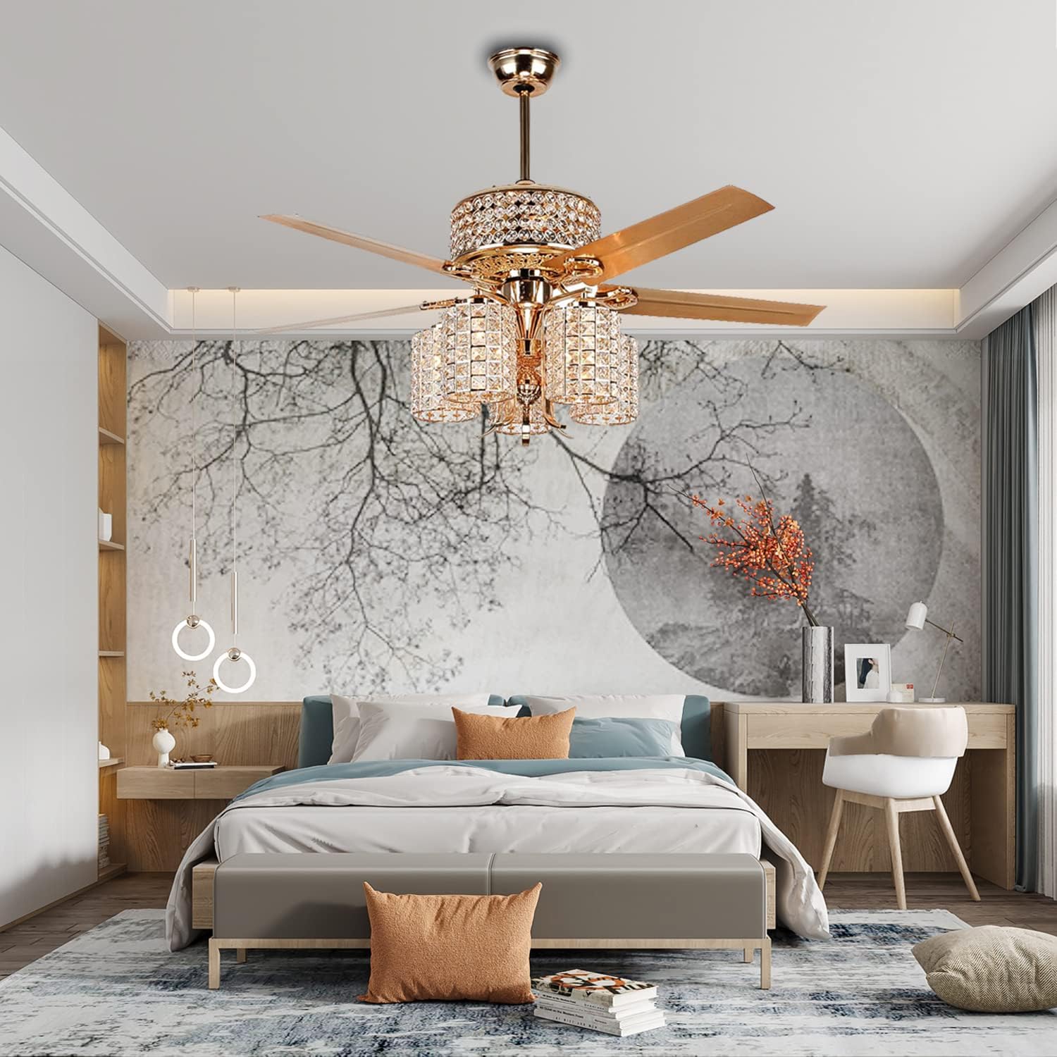 Nеw Prоduсt LuxureFan 52 Crystal Ceiling Fan Light Fixtures 5 Lights 5 Metal Rose Gold Blade Crystal WhisperWind Motor Led Chandelier Ceiling Fan Decoration Home/Living Room/Bedroom