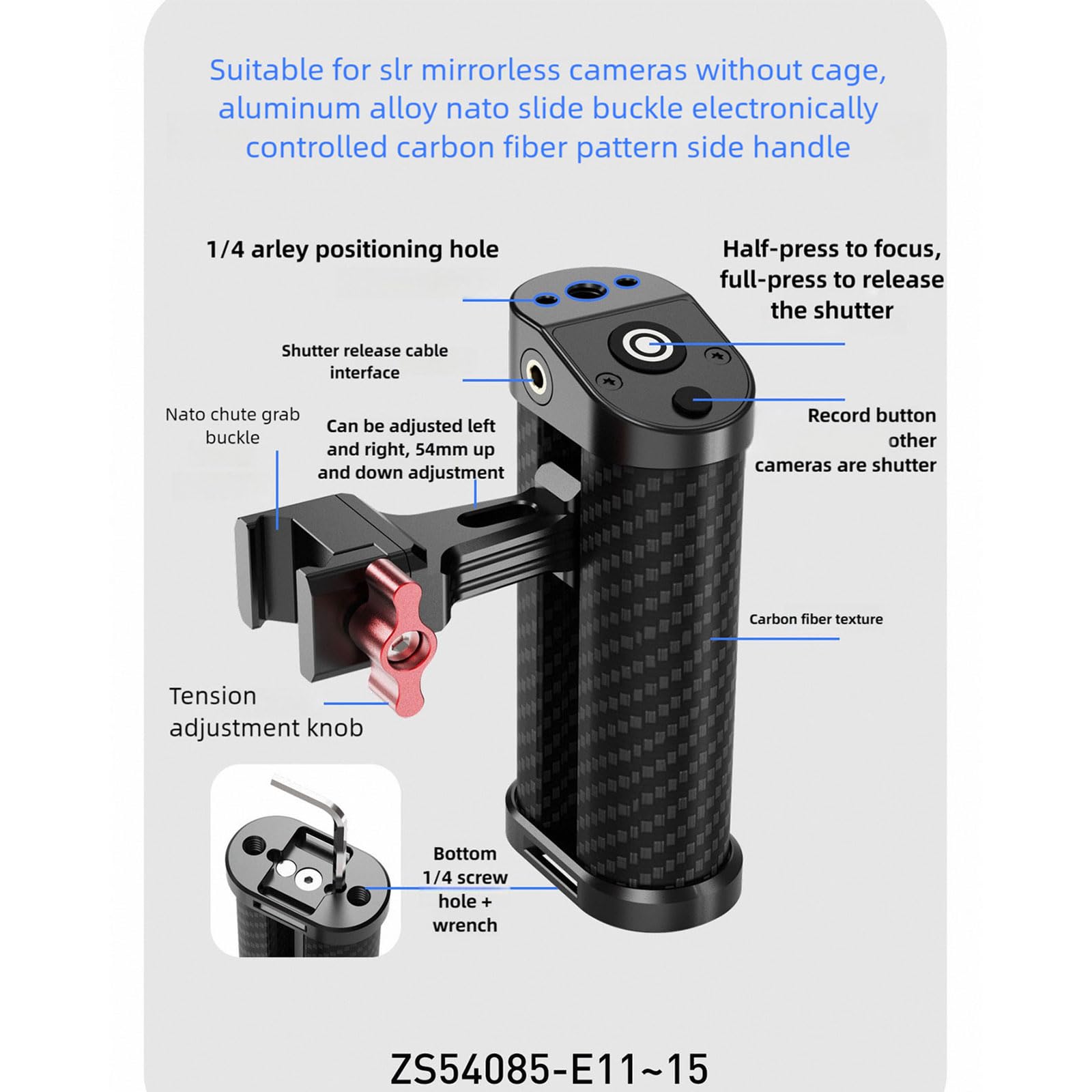 Impugnatura per fotocamera a sgancio rapido, impugnatura laterale in alluminio con design ergonomico e cavo da 2,5 mm per DSLR e maniglia a sgancio rapido mirrorless