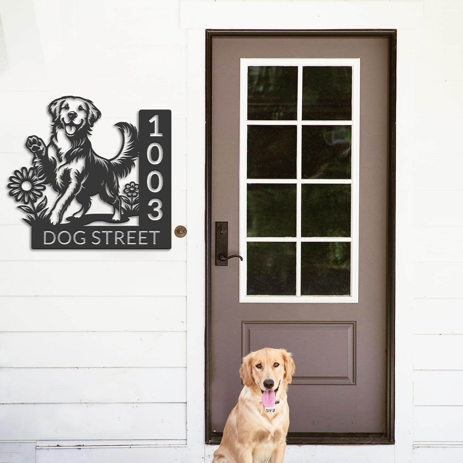 Custom Dog Address Sign, Personalized Metal House Number Plaque, Pet Owner Yard Decor, Family Name Sign with Numbers, Outdoor Entrance Decoration, Unique Dog Themed Mailbox Accessory (Style-2)