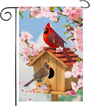Spring Cardinal Bird Garden Flag 12x18 Inch Double Sided Burlap Outdoor Flag Decorations Pink Flowers Tree Summer Farmhouse Holiday Outside Decorations Burlap Yard Flag