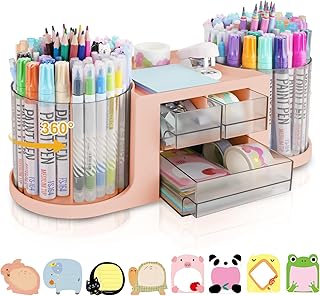 RETON Drehbarer Schreibtisch Organizer mit 2 Stifthaltern, Multifunktionaler 360°Drehbar Stiftehalter mit 3 Schubladen, 10 Schlitze, Stiftehalter Schreibtisch für Büro, Schule, Zuhause