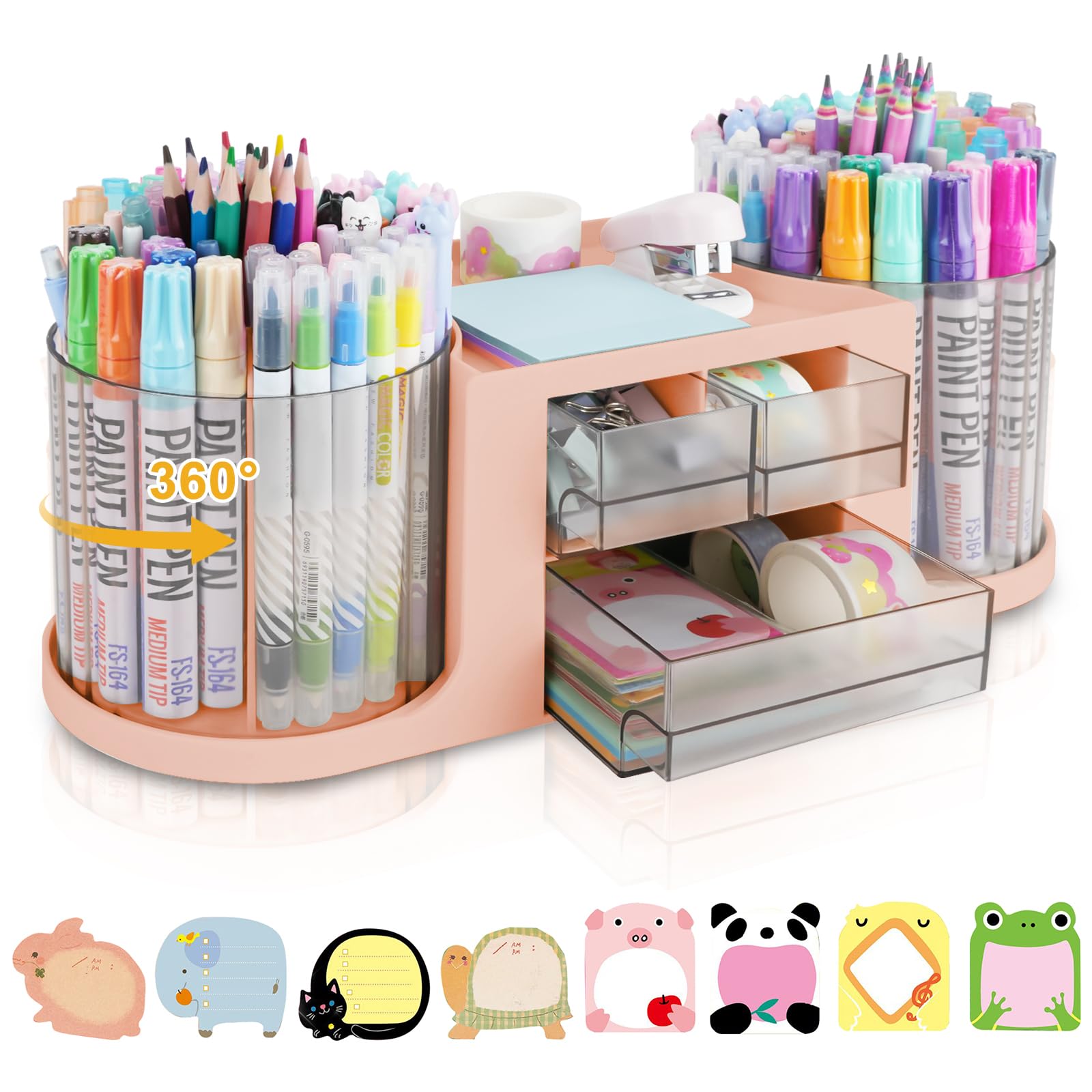 RETON Organizer da scrivania girevole con 2 portapenne, organizer multifunzione con 3 cassetti, 10 scomparti, portapenne per scrivania, scuola, casa, ufficio