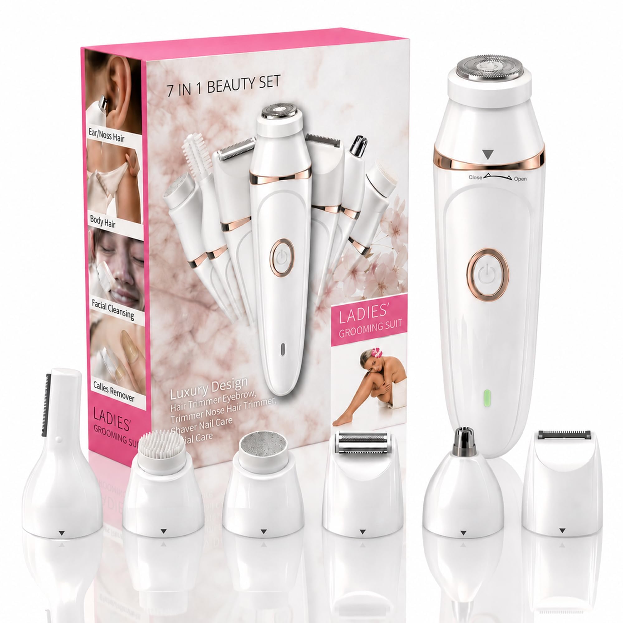 Depiladora facial para mujer, afeitadora corporal 7 en 1 sin dolor y depiladora facial, depilación facial, kit de depilación recargable para rostro, piernas, bikini, axila (4 V)