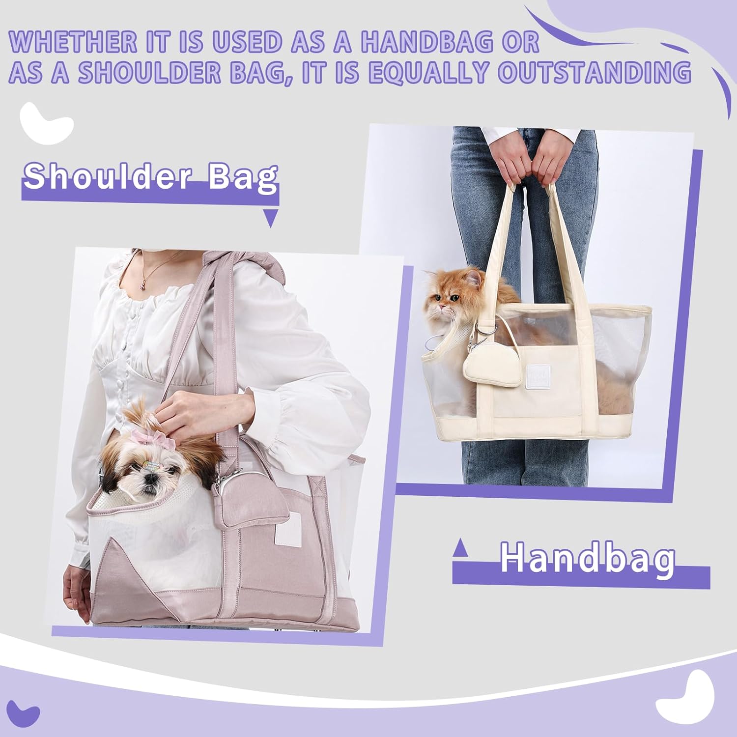 Dog Cat Purse Carrier,Lightweight Soft Sided Summer Travel Bag,Breathable Shoulder/Tote Handheld Design with Small Bag and Removable Cushion (Pink)