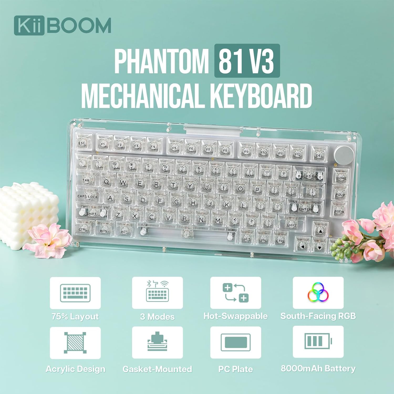 KiiBoom Phantom 81 75% Transparent Mechanical Gaming Keyboard, Hot Swappable Custom Gasket Keyboard with RGB Backlit, Clear Keycap, Rechargeable Battery, Triple Mode for Win/Mac (Phantom 81 V3 Clear) - Image 2