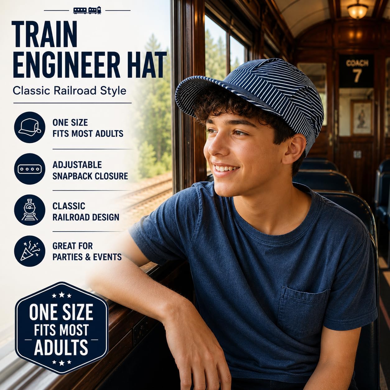 Beistle Train Engineer Hat ? One Size Fits Most, Adjustable Plastic Strap, Train Birthday Party Supplies, Halloween Costume Dress Up, Train Conductor Hat, Novelty Train Party Hats,Blue