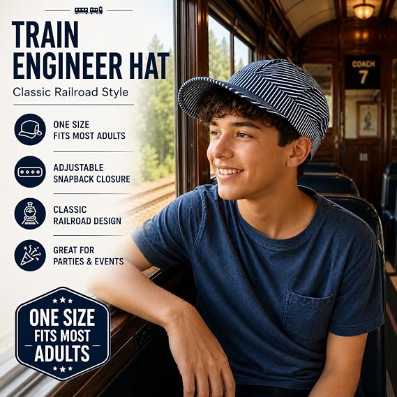 Beistle Train Engineer Hat ? One Size Fits Most, Adjustable Plastic Strap, Train Birthday Party Supplies, Halloween Costume Dress Up, Train Conductor Hat, Novelty Train Party Hats,Blue