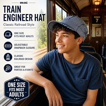 Beistle Train Engineer Hat ? One Size Fits Most, Adjustable Plastic Strap, Train Birthday Party Supplies, Halloween Costume Dress Up, Train Conductor Hat, Novelty Train Party Hats,Blue
