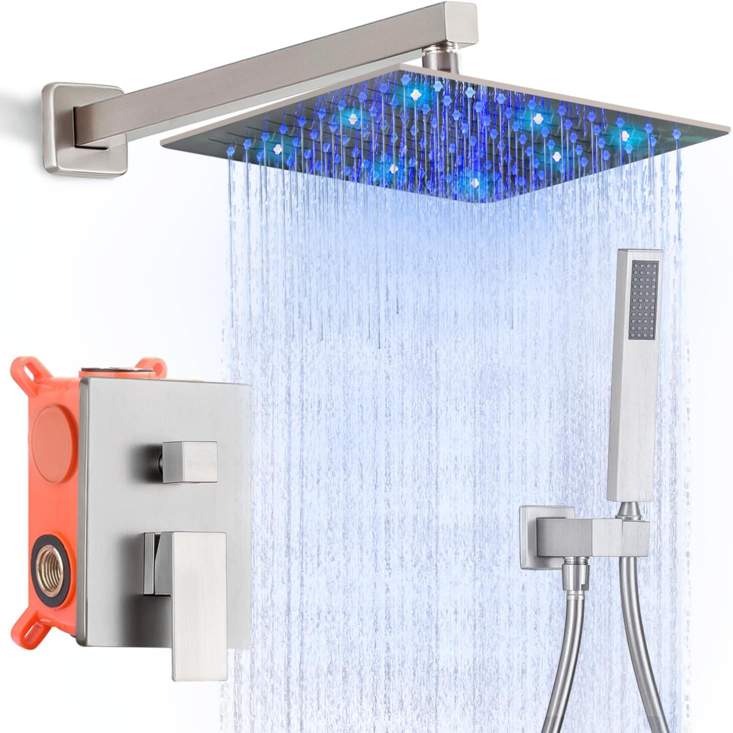 LED Shower Faucet Set Wall Mounted 10 Inch Rain Shower Head with High Flow Hand Shower LED Shower System Rough in Valve and Trim Kit, Brushed Nickel