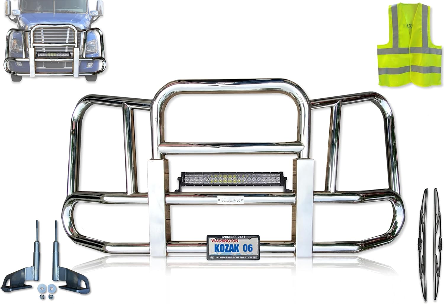 KOZAK Compatible with Freightliner Cascadia, Evolution 2007-2017 Front Grille Deer Moose Brush Guard Large Square with 22 inch LED, Grille emblem, 2x Wipers, License Plate Holderand Frame, Vest