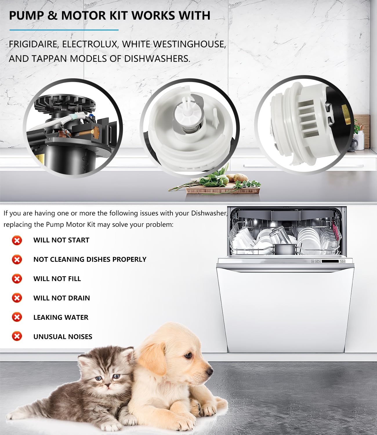 154844301 Dishwasher Circulation Pump Motor Replacement Motor kit Compatible with Frigidaire, Kenmore, Crosley, Kelvinator Dishwasher Replaces for 154792801 154794401 154594201 154700101