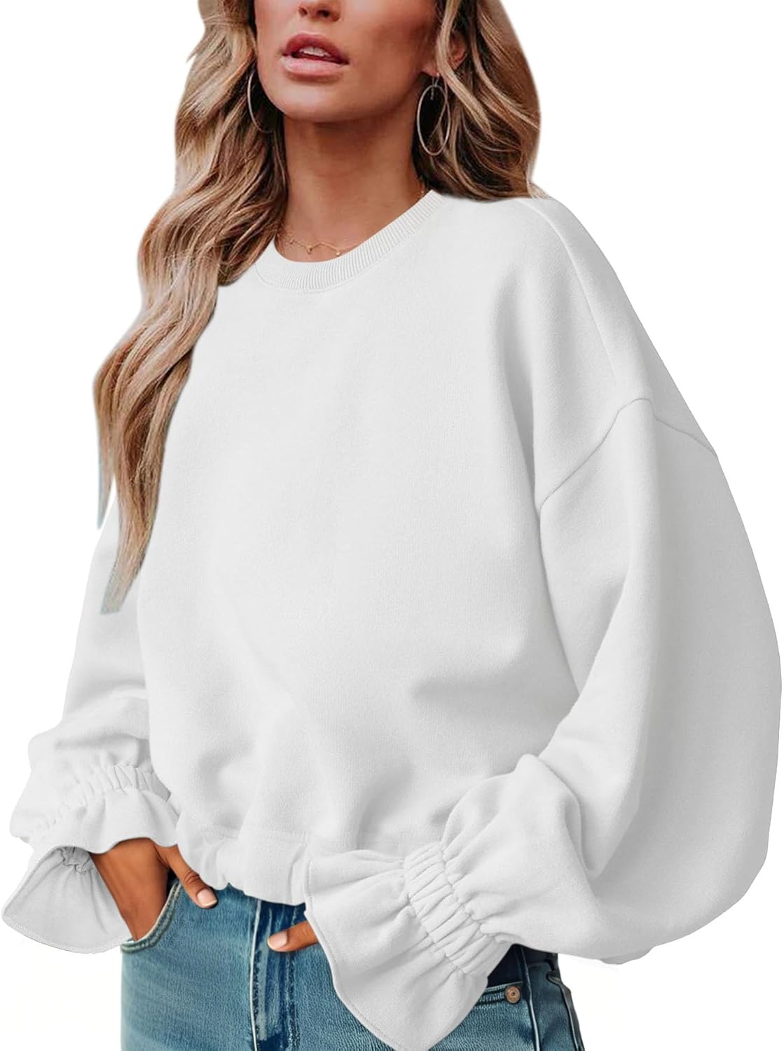 PRETTODAY Women’s Casual Crew Neck Sweatshirt Long Sleeve Ruched Solid Loose Fitting Pullover Tops