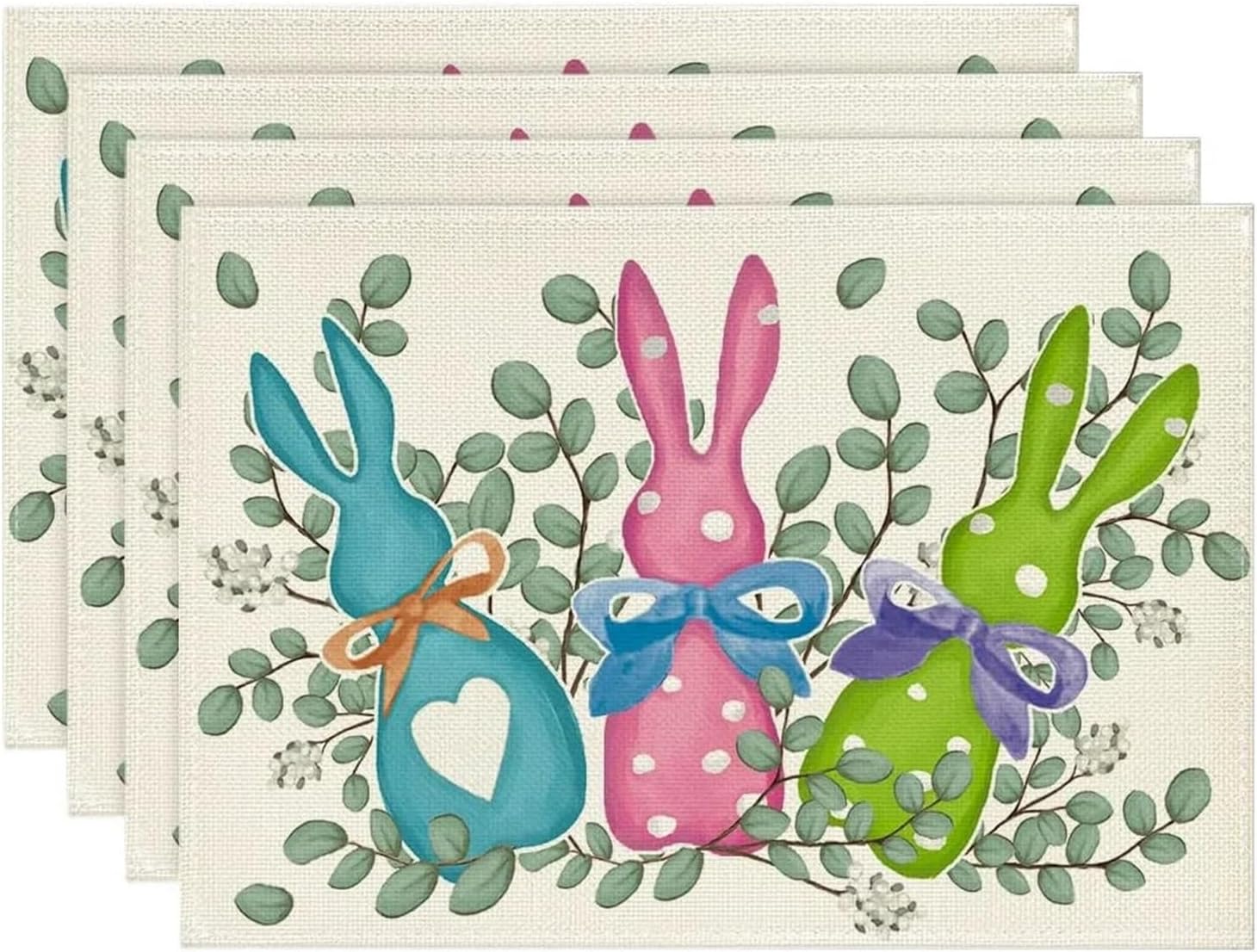 Colorful Buffalo Plaid Bunny Rabbits Happy Easter Placemats Set of 4, 12x18 Inch Spring Holiday Table Mats for Dining Decor(7)