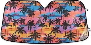 Car Windshield Sun Shade Vibrant Palm Trees Sunset Reflective Sunshade for Ultimate Protection Fits Small Sedans, Mini SUVs, Hatchbacks