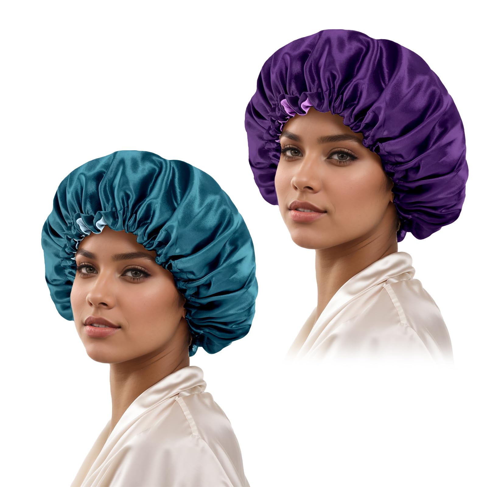 Satin Bonnet Silk Bonnet Hair Bonnet for Sleeping-Slouchy Beanie Hat Satin Sleep Cap for Women's Natural & Curly Hair(Blue Zircon&Purple)