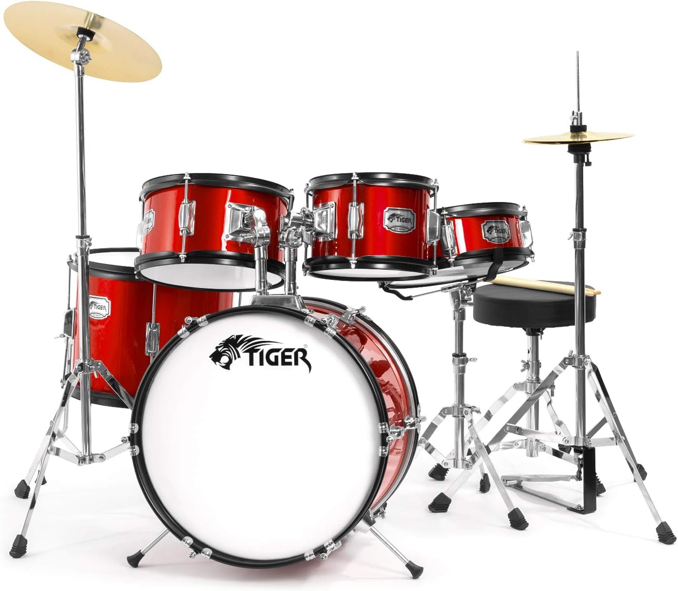 TIGER JDS14-RD 5-Piece Junior Drum Kit Set for Kids with Snare, Toms, Bass Drum, Bass Drum Pedal, Hi-Hat and Crash Cymbals, Throne and Sticks - Red