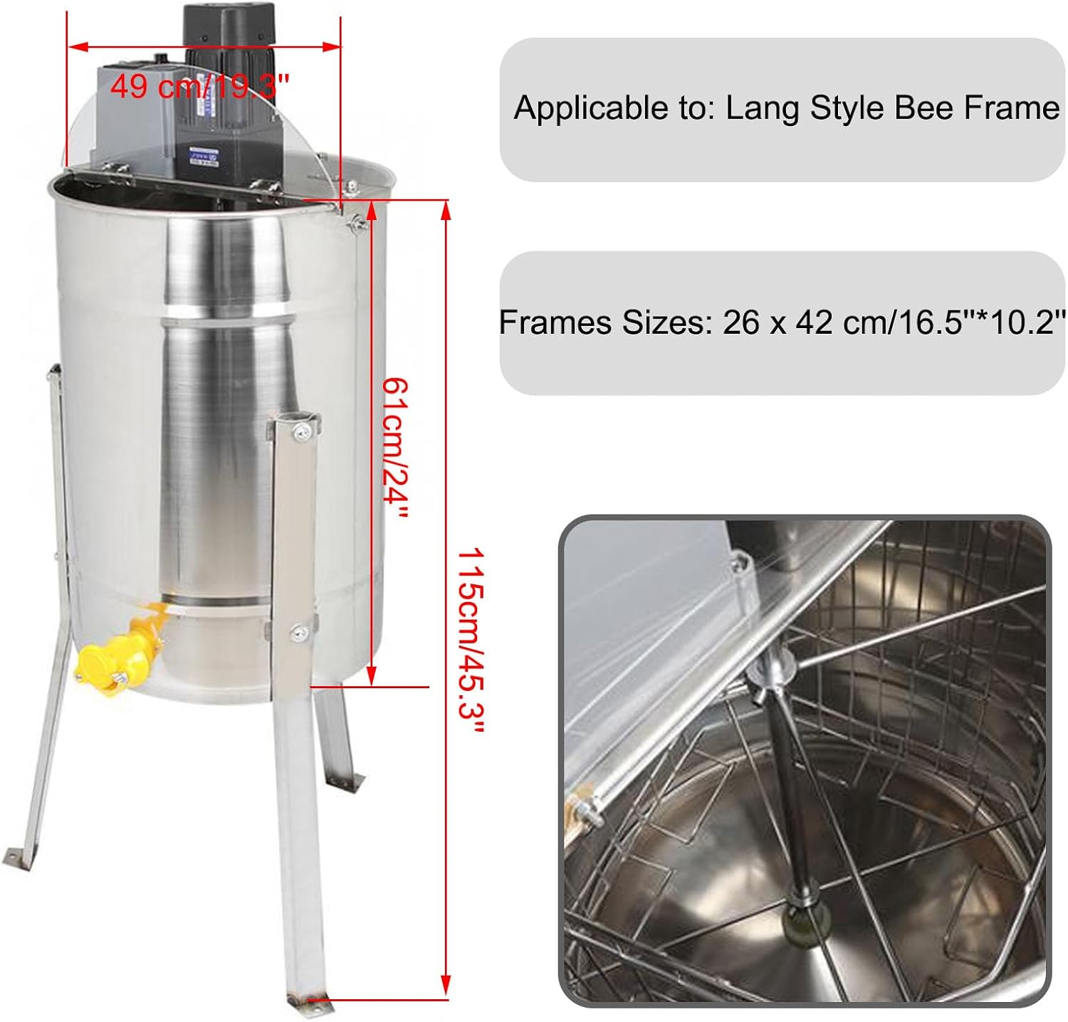 Electric Honey Extractor, 3/4 Frame Stainless Steel Honey Centrifuge Extractor, Adjustable Speed Motor, with Transparent Lid for Apiaries and Family Use,4 Frames