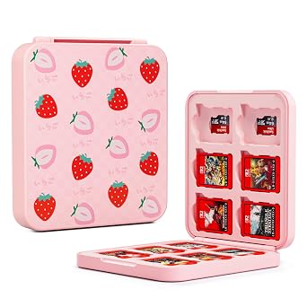 GLDRAM Strawberry Game Case for Nintendo Switch, Pink Game Holder for 12 Switch Cards & 12 Micro SD Cards, Cute Switch Card Storage, Portable Game Accessories for Switch 2/NS/OLED/Lite