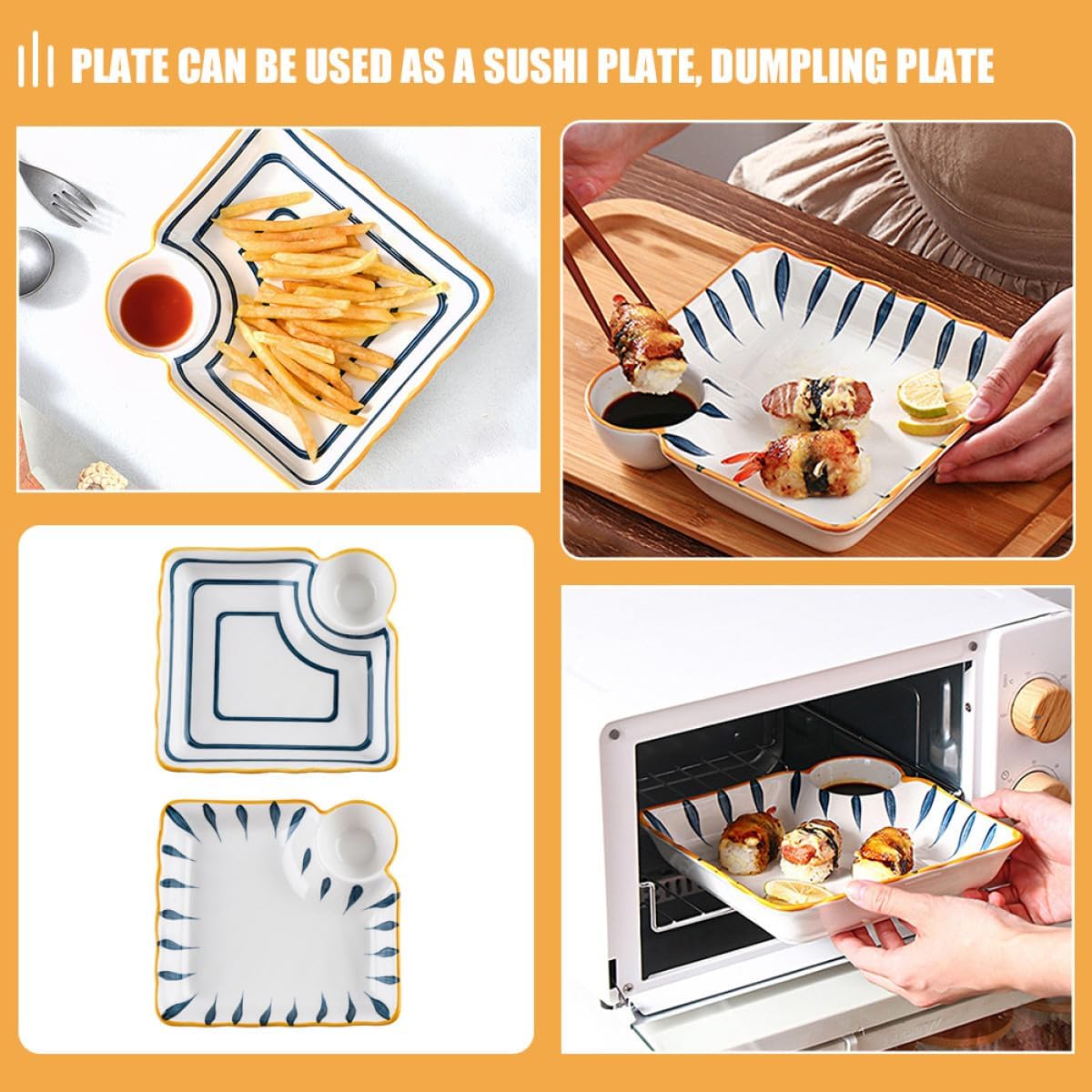 2pcs Japanese Dumpling Serving Plate with Dual Sauce Compartments, Wood Grain Pattern Specialty Sushi Plate for Dining and Entertaining