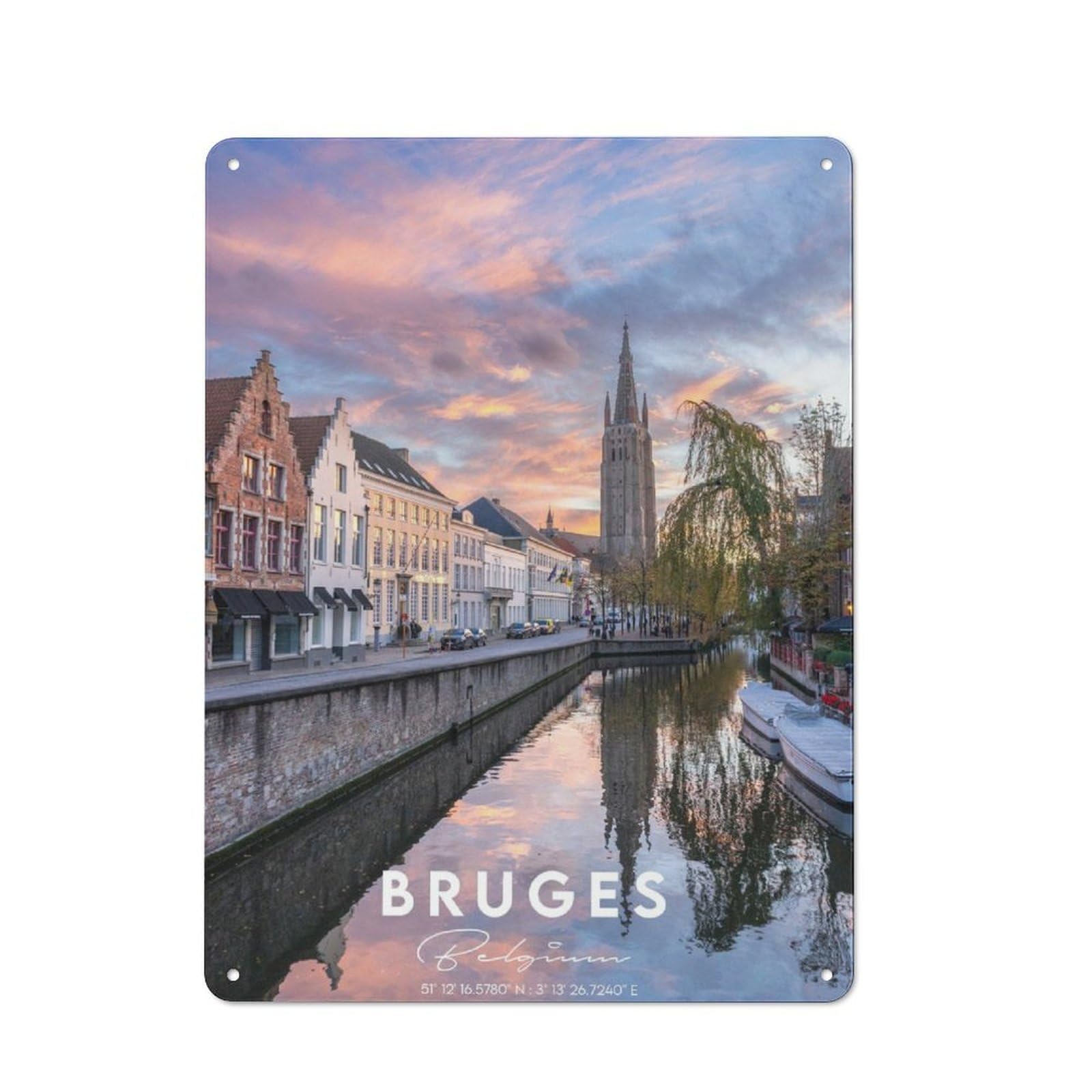 Junmoney Bruges In Coordinates Rustic Metal Plaque 40X30cm For Guest Room Or Hallway, For Home Interiors, Feature Walls And Decorative Displays