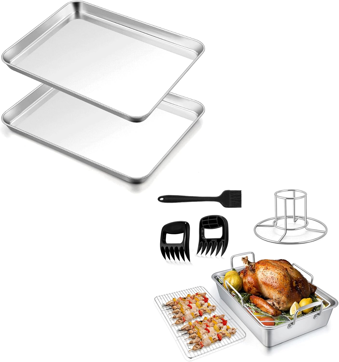 TeamFar Stainless Steel Large Baking Sheet and 14 Inch Roasting Broiler Pan with Racks and Meat Claws and Brush Set, Heavy Duty & Dishwasher Safe
