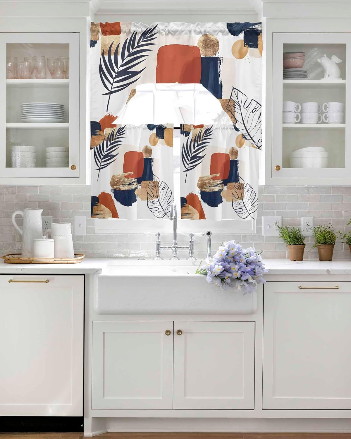 Boho Geometric Swag Kitchen Curtain Sets with Valance,3 Pieces Rod Pocket Curtain Drapes for Bedroom Bathroom Cafe Windows,Modern Leaves Abstract Middle Century 56''x36''&24''x27.5''x2Panels