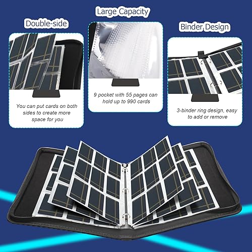 Miniatura 3 de 9 Pockets Trading Card Binder, 990 Pockets Card Binder with Sleeves Card Organizer, Card Collection Binder with Zipper Baseball Card Binder for