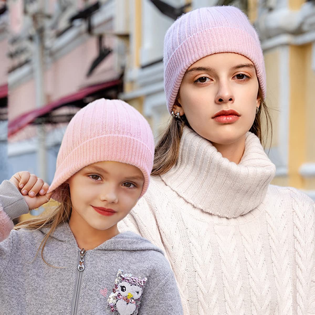 Bonnet en Tricot Parent-Enfant, 100% Cachemire Chaud Hiver Chapeau pour Enfants Bébé, Bonnet/Beanie Tricoté Slouchy, Filles Garçons Casquette de Ski Chapeaux de Protection des Oreilles Kid Pink
