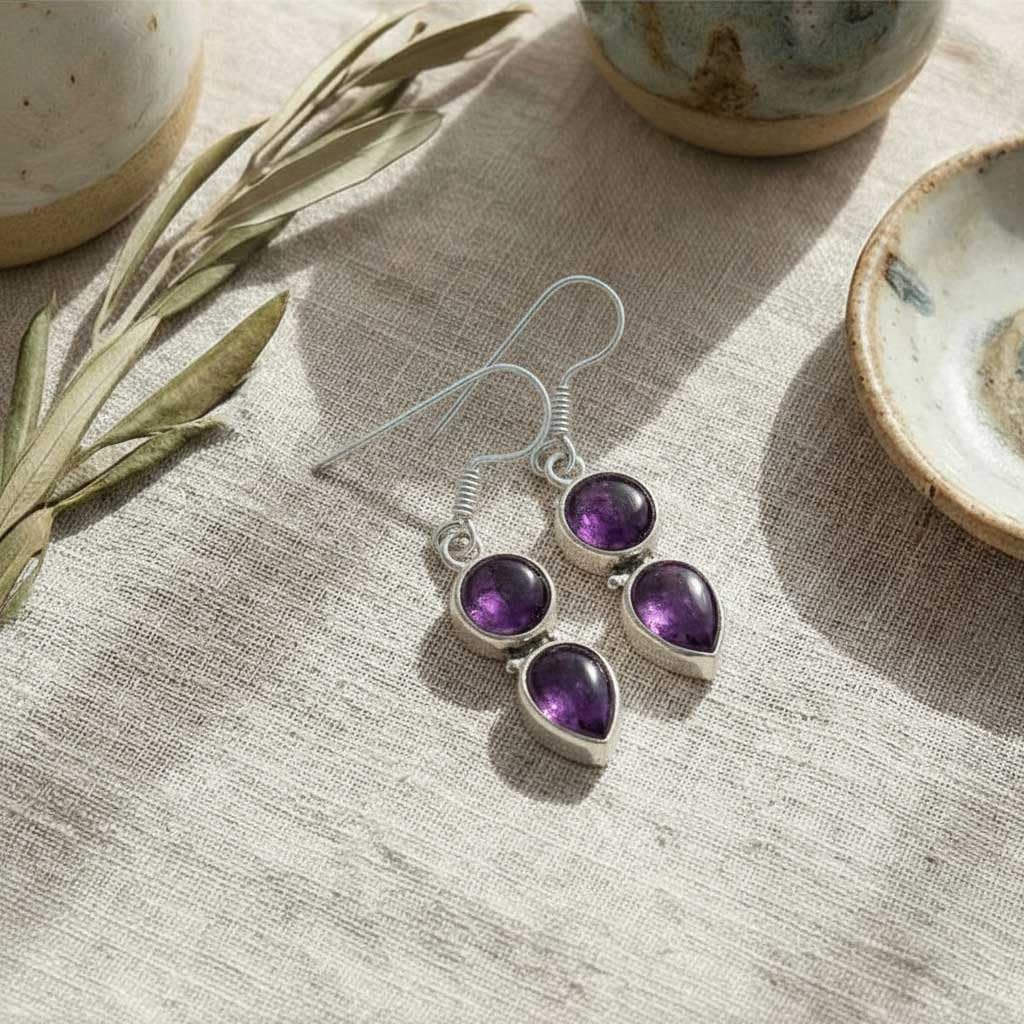Natural Gemstone Drop Dangle Earring For Women Rose Quartz, Carnelian, Agate, Tiger Eye Round - Pear Boho 925 Sterling Silver Plated Handmade Jewelry