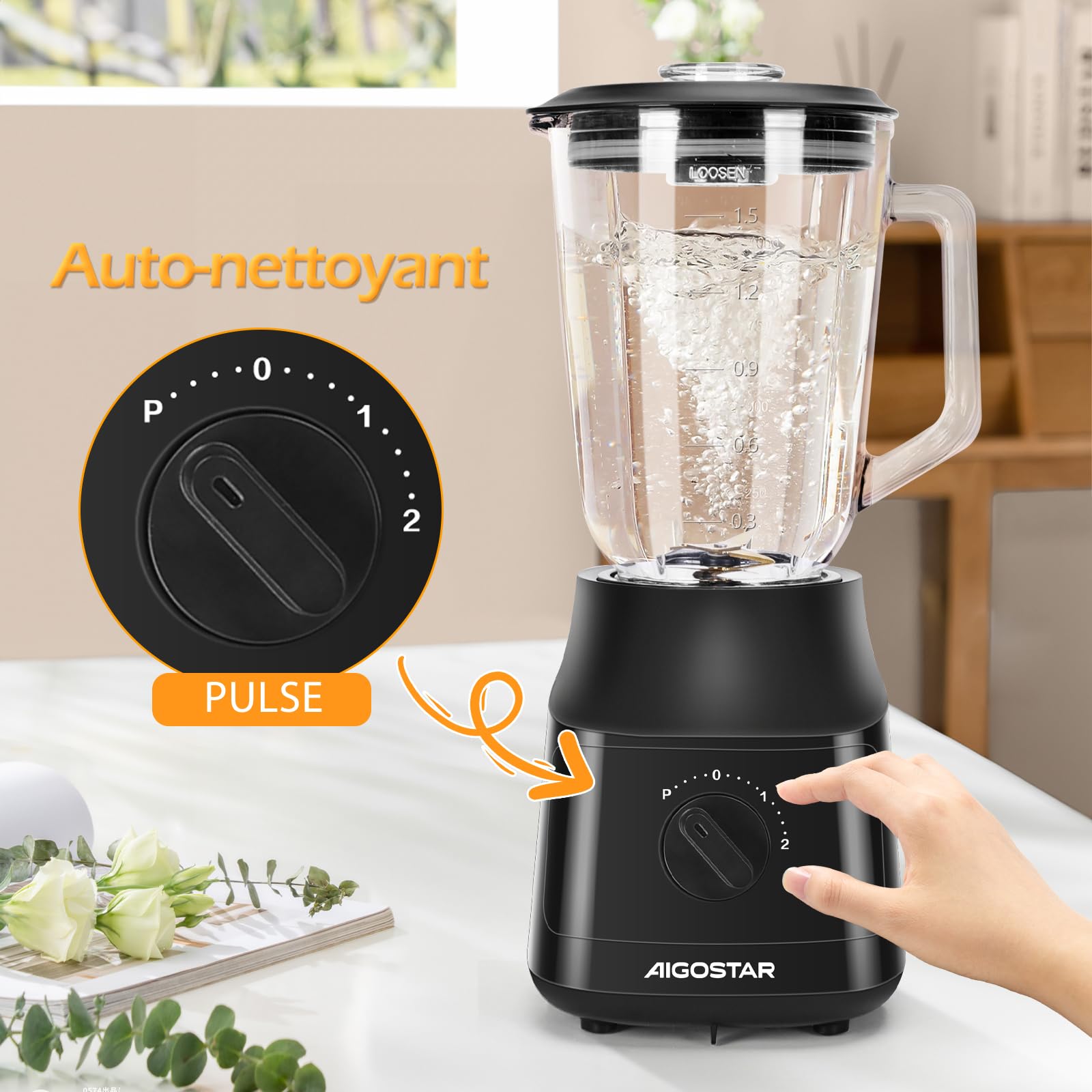 Aigostar Swift - Blender Mixeur, Bol Verre 1.5 L, avec 4 Lames en Revêtement en Titane, Puissance 800 W, 2 Vitesses + Fonction Pulse, pour écraser la Glace, la Purée et Les Fruits Congelés