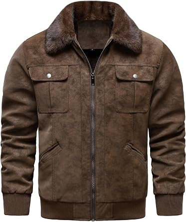 HOOD CREW Mens Faux Suede Bomber Jacket Vintage Leather Jackets