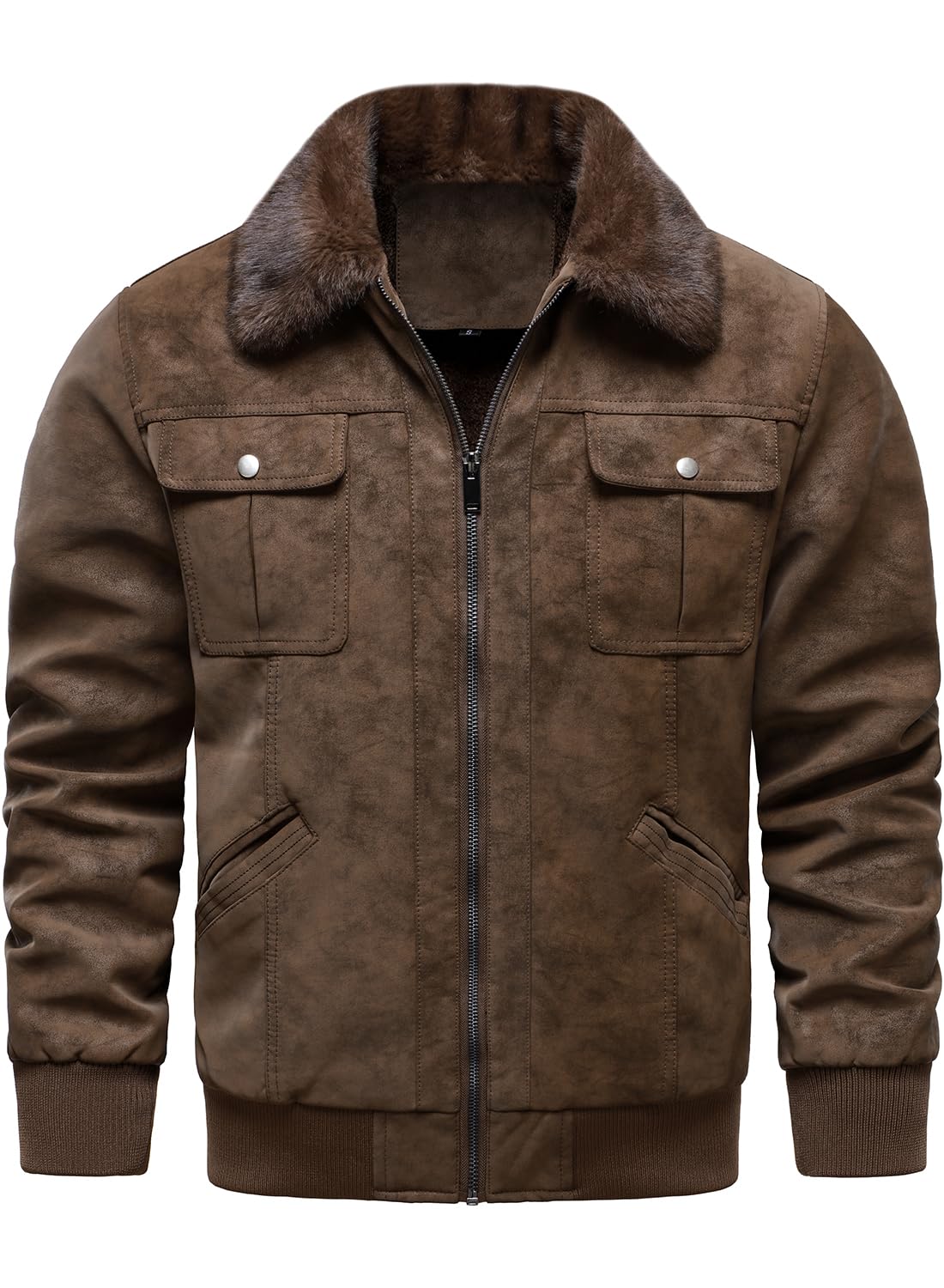 HOOD CREW Herren Kunstleder Bomberjacke Vintage Lederjacke mit Pelzkragen Lässige Fleece Winterjacke