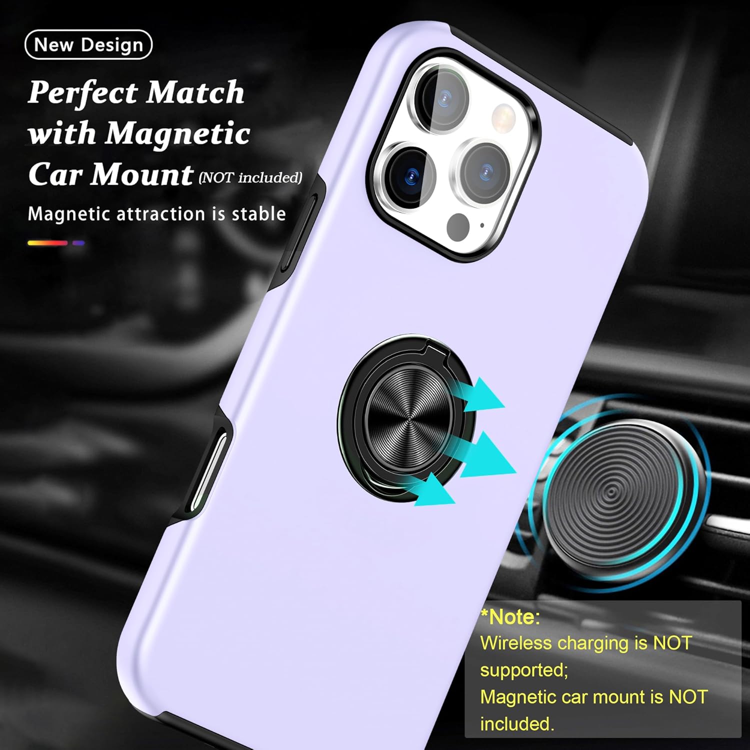 PELEPUES Shockproof Case for iPhone 16 Pro 6.3'', [Embedded Finger Ring] Military Grade Phone Case Cover with Reinforced Stand Kickstand [Support Magnetic Car Holder] for iPhone 16 Pro, Lavender - Image 2