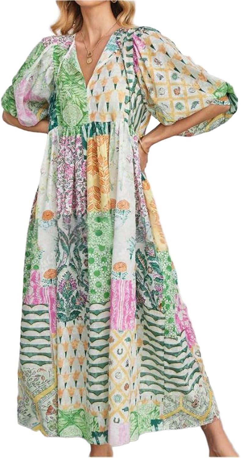 CHARTOU Women Boho Floral Printed Long Dress Summer Lantern Half Sleeve Beach Flowy Loose Swing Sundress