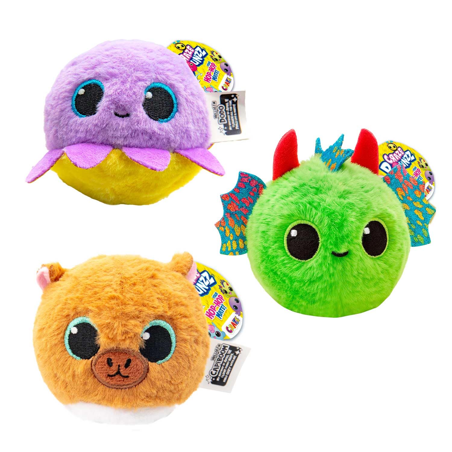 CRAZE BOUNZZ Funpack Stuffed Animal Plushies 3-Pack – Kawaii Plushy Cuddly Toys, Mini Plush Toys with Soft Ball Bounce Play - Momo, Dodo & Capiboom, 6 Farbvarianten